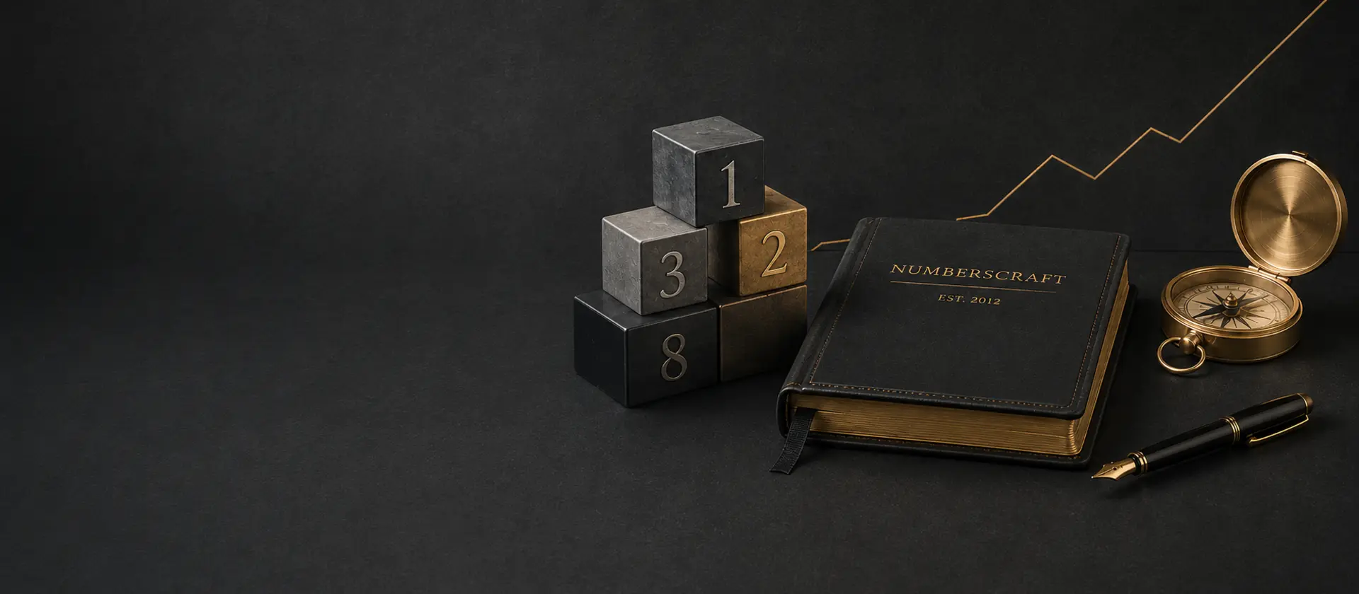 Numberscraft-inspired blocks, ledger, compass and fountain pen arranged on a graphite desk