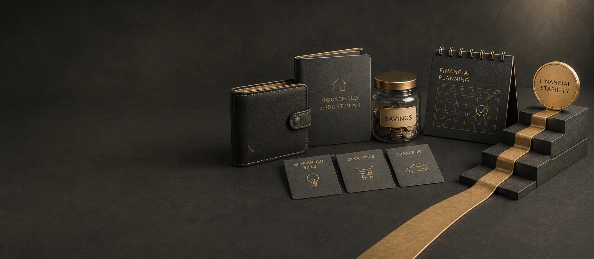 A wallet, savings jar, household calendar and gold pathway representing organised budgeting