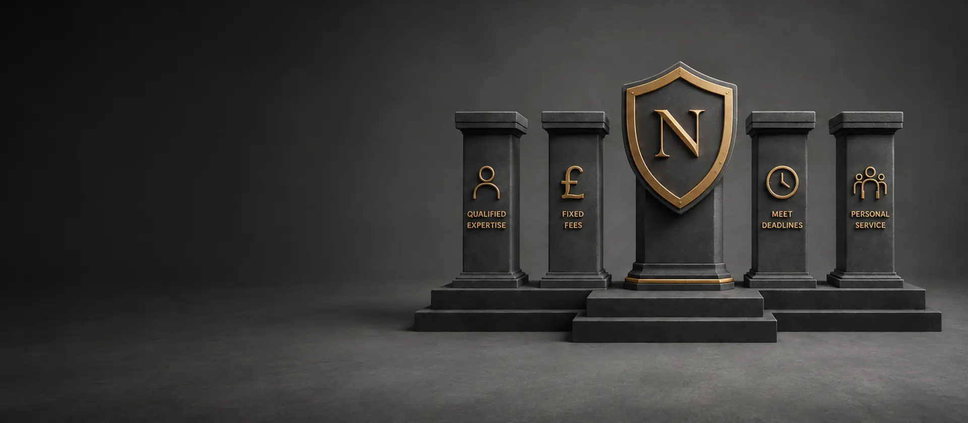 Graphite architectural columns framing a champagne-gold shield